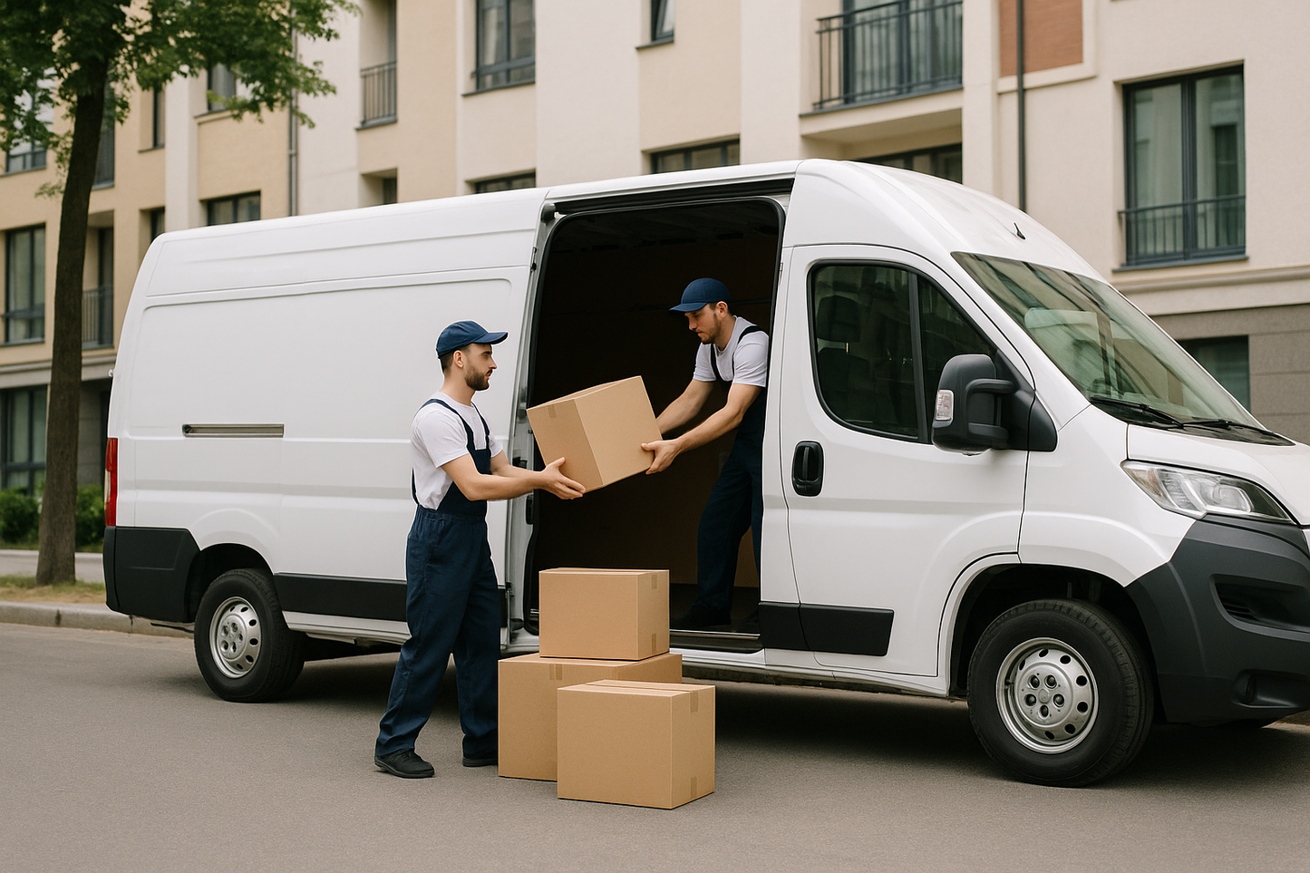 A clean, realistic photo of a modern white cargo van parked on a city street,
two professional movers in casual work uniforms carefully loading cardboard boxes,
bright daylight, urban residential background, minimalist commercial style,
sharp focus, high resolution, friendly and trustworthy atmosphere.