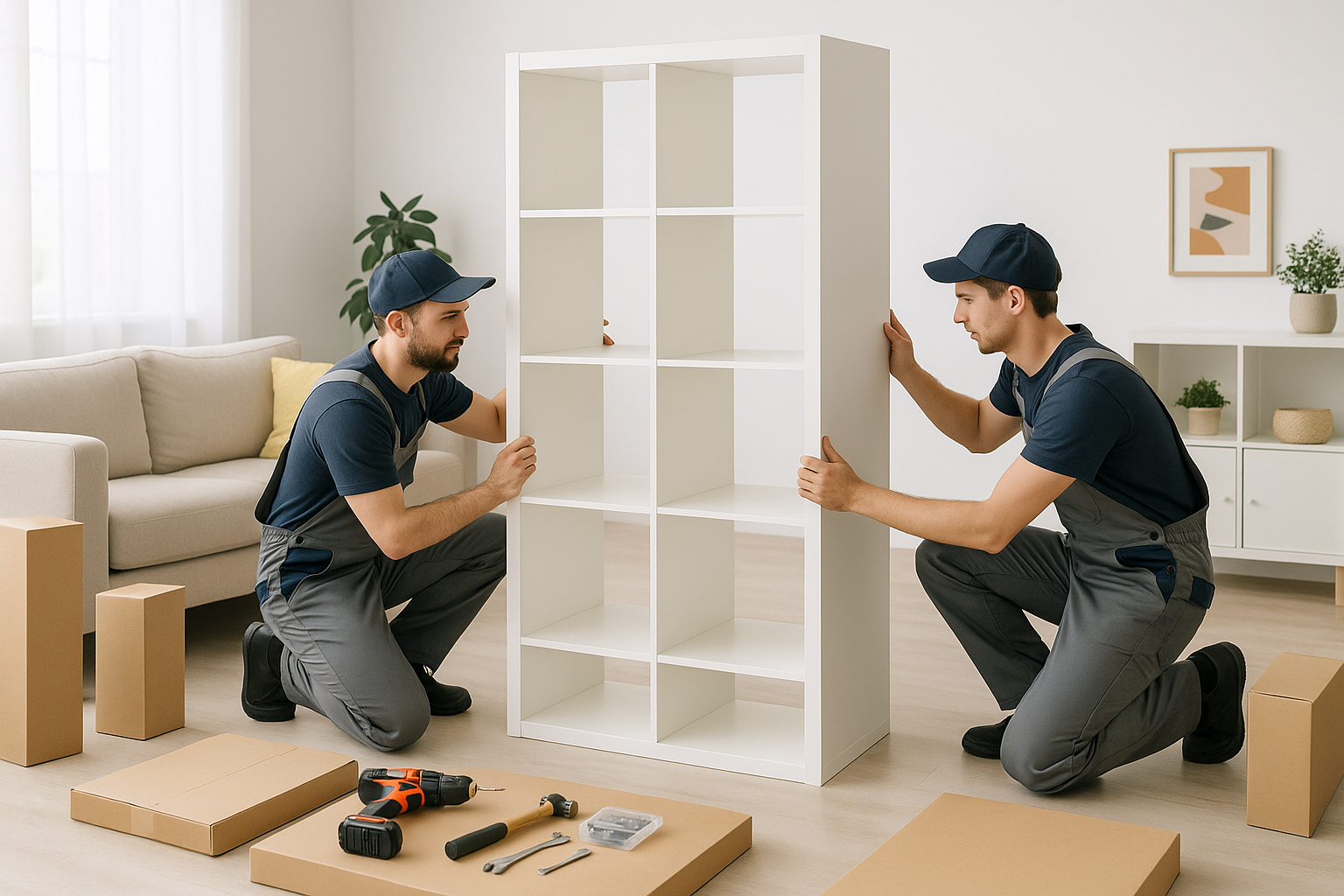 A bright and modern living room interior with IKEA-style furniture boxes, 
two professional workers in casual uniforms assembling a bookshelf, 
tools neatly placed, soft natural lighting, Scandinavian aesthetic, 
clean and minimalist commercial photo.
