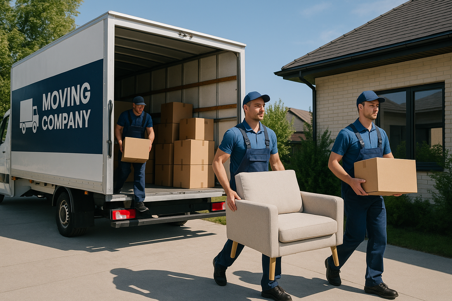 A large modern moving truck with company branding parked near a house, 
team of professional movers carrying furniture and sealed boxes, 
bright sunny day, clear sky, realistic commercial photography, 
high-resolution, professional and reliable mood.