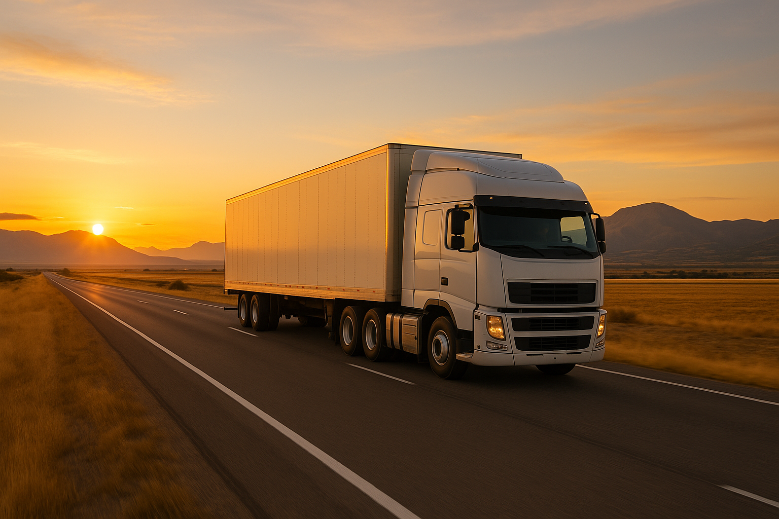 A long-distance moving concept: 
a large modern moving truck driving on an open highway with mountains or 
wide countryside in the background, 
sunset lighting, warm natural tones, 
symbolizing long-haul relocation, high-resolution realistic photography.