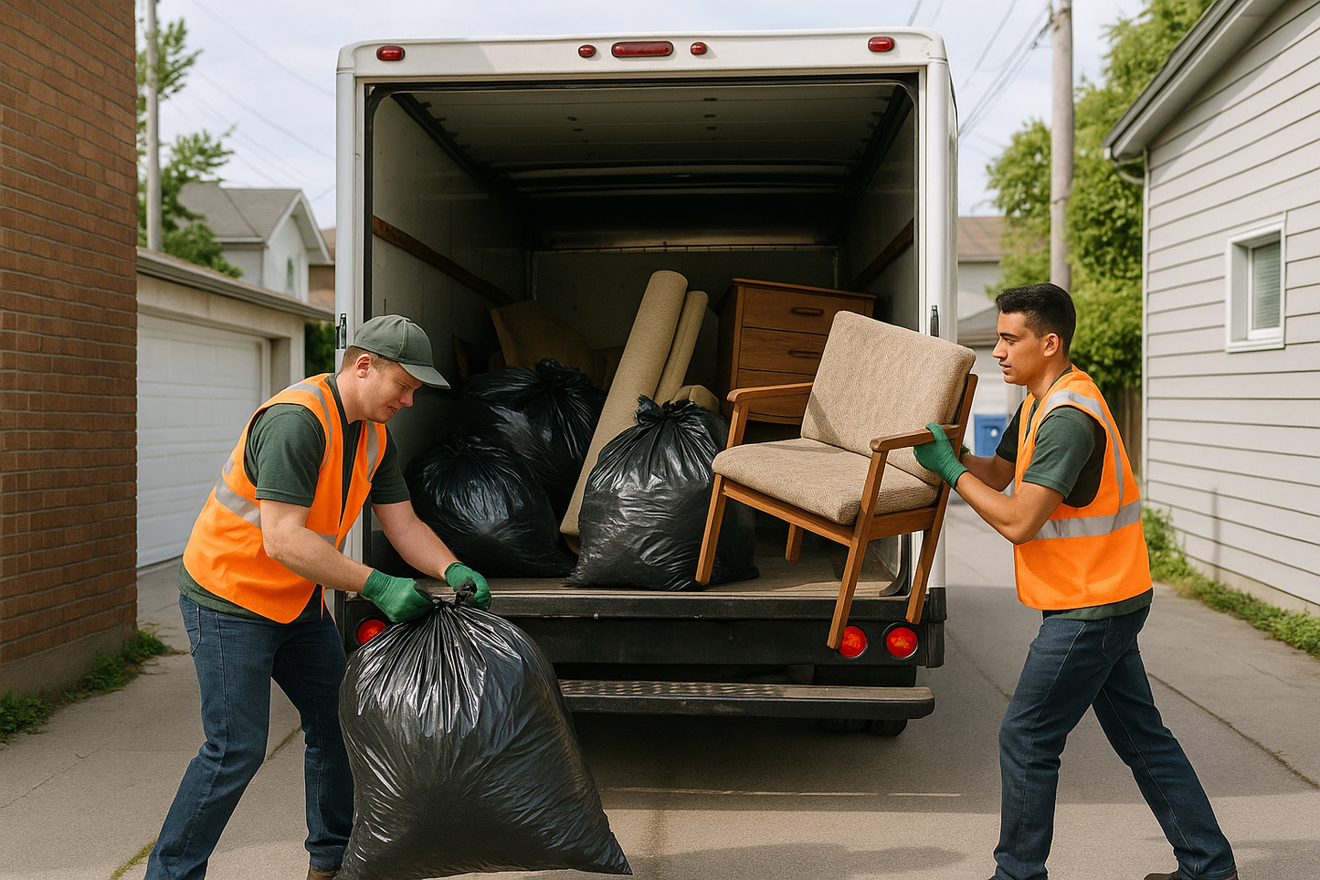 Professional waste removal service scene: 
a white cargo truck or van with open back, workers wearing gloves and safety vests 
loading old furniture and large garbage bags, 
urban residential alley, daylight, clean and organized environment, 
realistic commercial photo, eco-friendly vibe.
